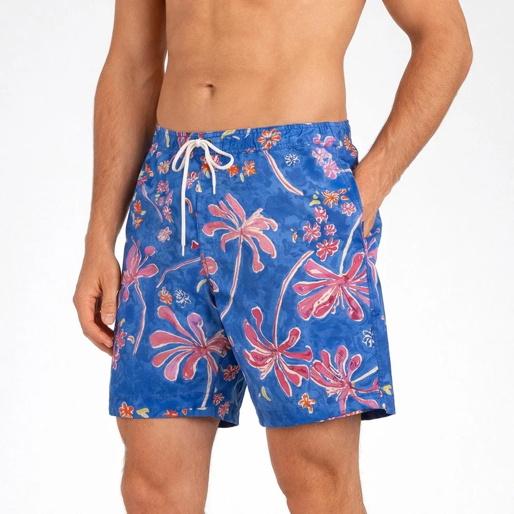 Polo Ralph Lauren Traveler Swim Trunks Tropical Palm Floral Blue Size 36
